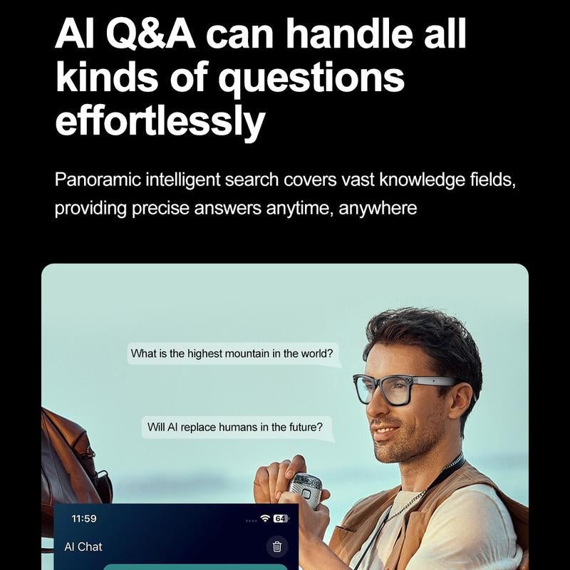 Ai Wireless Smart Glasses with Camera, Real-Time Translation, Bluetooth-Compatible Audio, Long Battery Life, Ip65 Waterproof, Travel Sports Outdoor Use