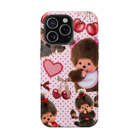 Monchhichi Phone Case, Cute Vintage Doll Phone Case, Retro Kawaii Aesthetic, Heart, Cherry & Plaid, Girly Soft Case for Phone 17 16 15 14 13 12 SE Max Pro Samsung Galaxy 21 22 23 24 25