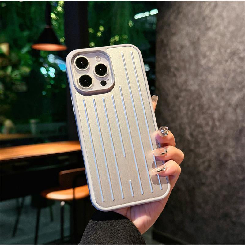 Aluminum Alloy Luggage Case for Iphone 16 Pro Max & 15 Cool 14 All-Inclusive Protective Phone Cover with Vertical Lines Design
