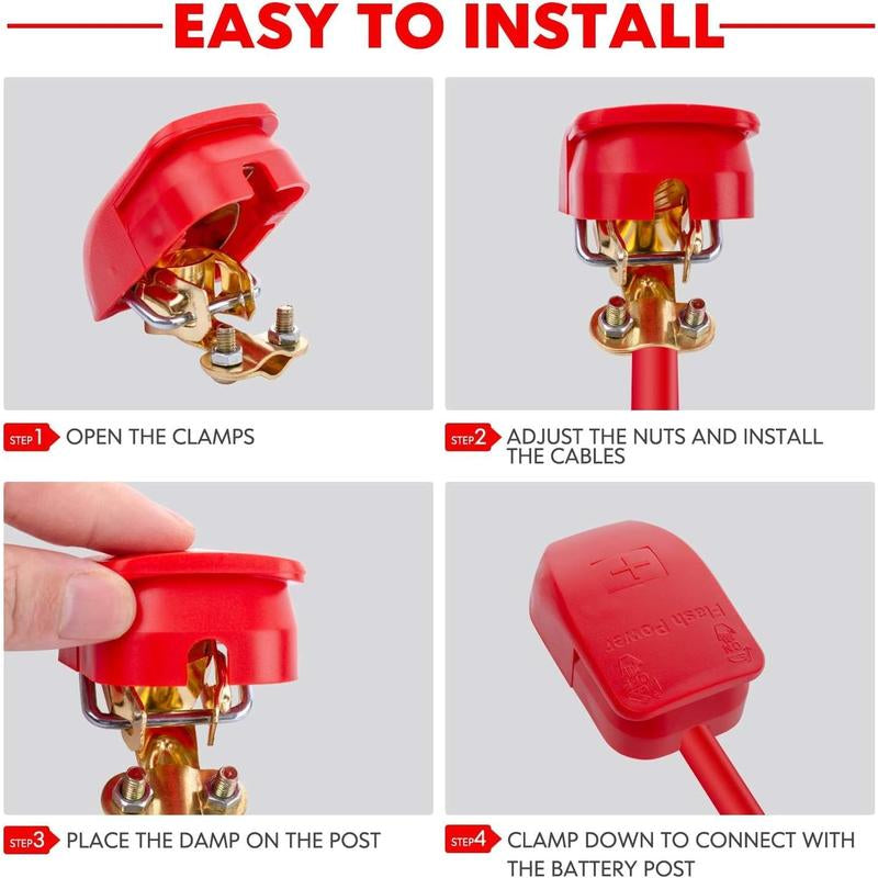 12V Universal Quick Release Battery Terminal Connectors – Top Post Battery Clamps with Red (+) & Blue (–) Covers, Positive & Negative for Car, Van, Caravan & Motorhome