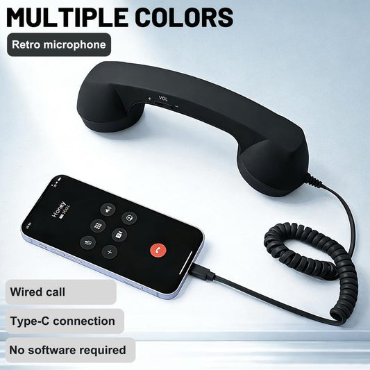 Novelty Retro Handset for Phones – Fun Gift for Parents, Teens & Offices, Easy Plug-In Type-C, Clear Calls, Tangle-Free 3Ft Cable