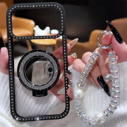 Women'S Phone Case with Mirror & Stand for Iphone 11/12/13/14/15/16/17 Pro Max,17Air,14/15/16 Plus. Features a Dual-Sided Shiny Frame Design, High-Definition Transparent Material, a Rigid Backplate, and Full-Body Drop-Resistant Design.