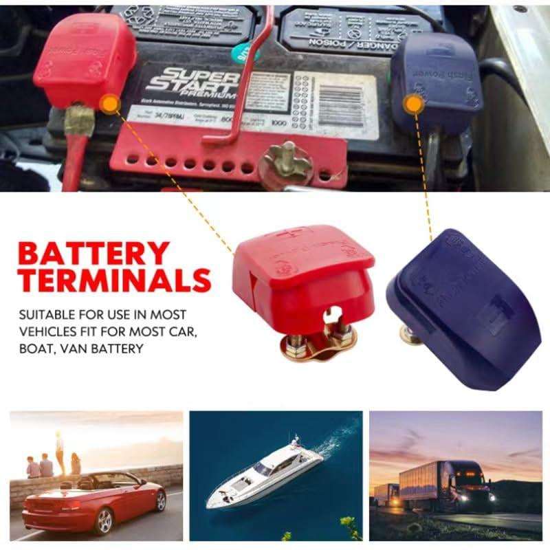 12V Universal Quick Release Battery Terminal Connectors – Top Post Battery Clamps with Red (+) & Blue (–) Covers, Positive & Negative for Car, Van, Caravan & Motorhome