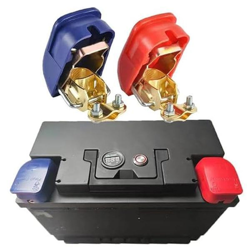12V Universal Quick Release Battery Terminal Connectors – Top Post Battery Clamps with Red (+) & Blue (–) Covers, Positive & Negative for Car, Van, Caravan & Motorhome